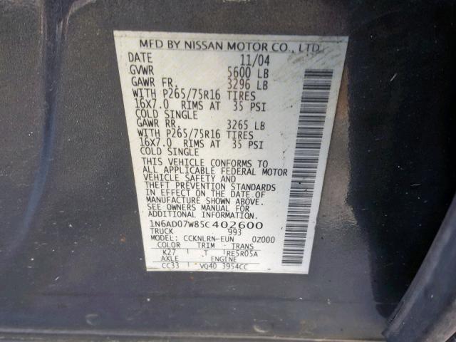 1N6AD07W85C402600 - 2005 NISSAN FRONTIER C GRAY photo 10