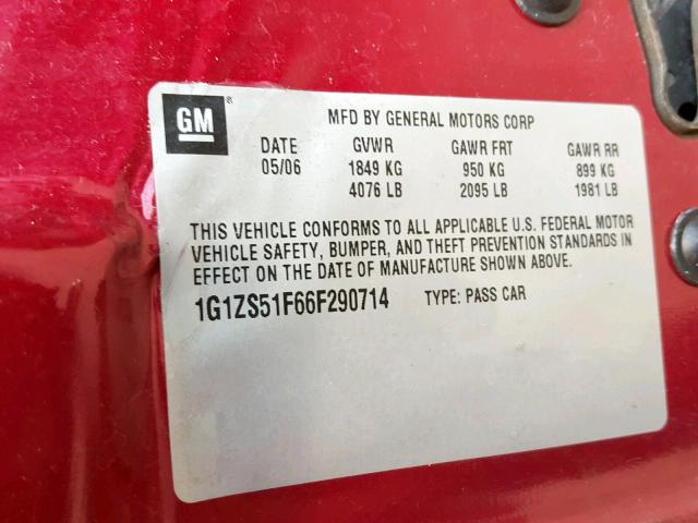 1G1ZS51F66F290714 - 2006 CHEVROLET MALIBU LS BURGUNDY photo 10