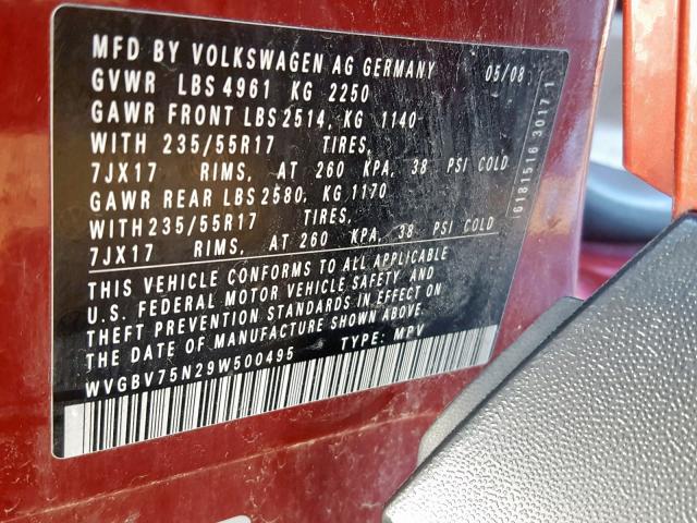 WVGBV75N29W500495 - 2009 VOLKSWAGEN TIGUAN SE RED photo 10