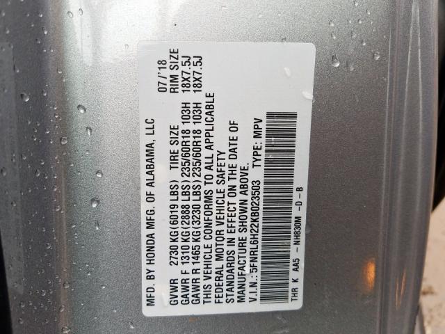 5FNRL6H22KB023503 - 2019 HONDA ODYSSEY LX  photo 10