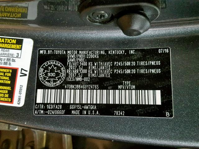 4T3BK3BB4GU124765 - 2016 TOYOTA VENZA XLE GRAY photo 10