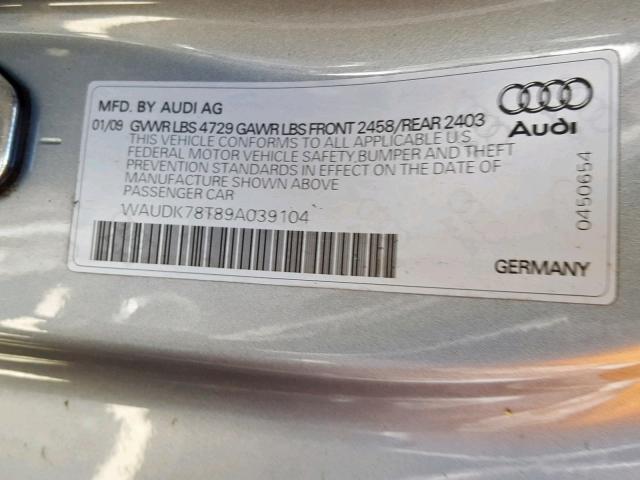 WAUDK78T89A039104 - 2009 AUDI A5 QUATTRO GRAY photo 10