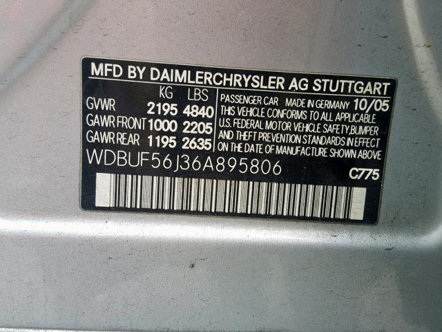 WDBUF56J36A895806 - 2006 MERCEDES-BENZ E 350 BLACK photo 10