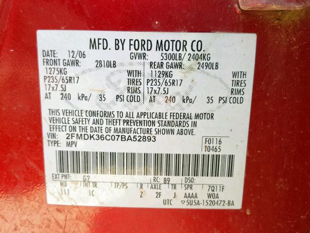 2FMDK36C07BA52893 - 2007 FORD EDGE SE RED photo 10