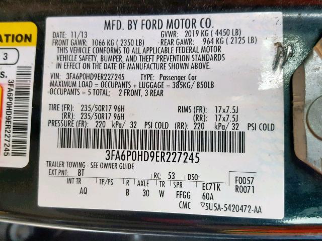 3FA6P0HD9ER227245 - 2014 FORD FUSION SE BLACK photo 10