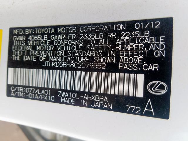 JTHKD5BH8C2079552 - 2012 LEXUS CT 200  photo 10