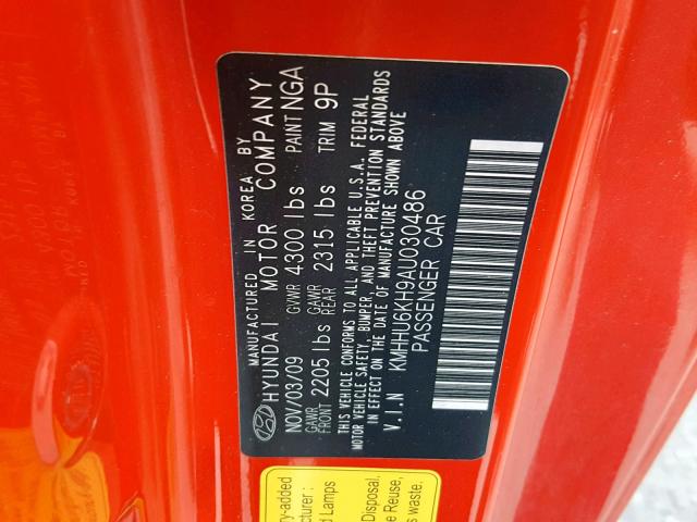 KMHHU6KH9AU030486 - 2010 HYUNDAI GENESIS CO RED photo 10