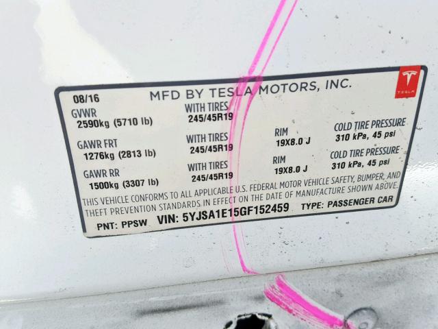 5YJSA1E15GF152459 - 2016 TESLA MODEL S Սպիտակ լուսանկար 10
