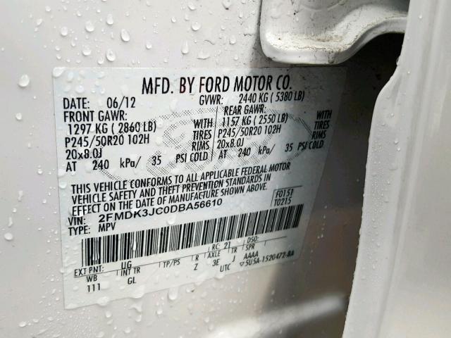 2FMDK3JC0DBA56610 - 2013 FORD EDGE SEL WHITE photo 10