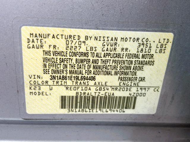 3N1AB61E19L694406 - 2009 NISSAN SENTRA 2.0 SILVER photo 10