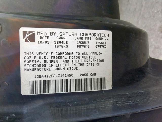 1G8AW12F24Z141450 - 2004 SATURN ION LEVEL GRAY photo 10