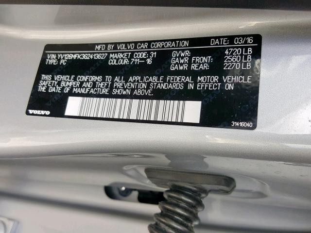 YV126MFK3G2413627 - 2016 VOLVO S60 PREMIE SILVER photo 10