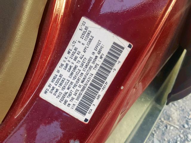 SHSRD78883U143114 - 2003 HONDA CR-V EX MAROON photo 10