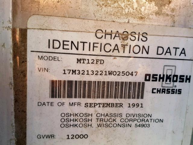 17M3213221W025047 - 1991 OSHKOSH MOTOR TRUCK CO. CHASSIS WHITE photo 10