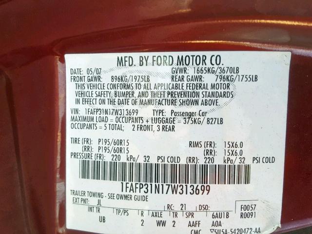 1FAFP31N17W313699 - 2007 FORD FOCUS ZX3 MAROON photo 10