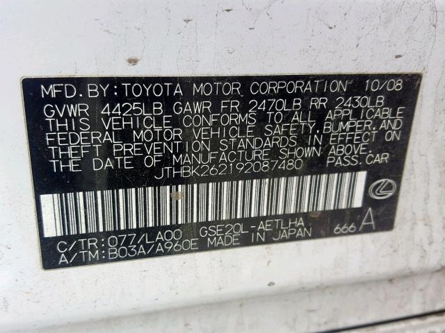 JTHBK262192087480 - 2009 LEXUS IS 250 WHITE photo 10