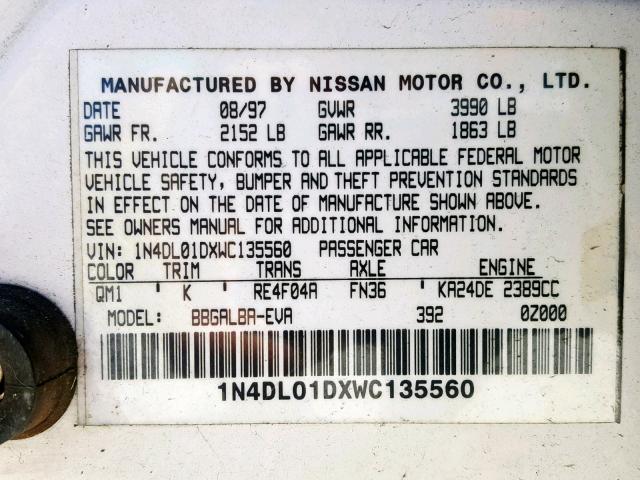 1N4DL01DXWC135560 - 1998 NISSAN ALTIMA XE WHITE photo 10