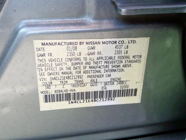 1N4CL21E48C212992 - 2008 NISSAN ALTIMA HYB GREEN photo 10