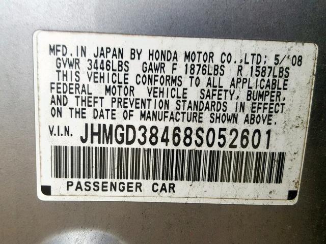 JHMGD38468S052601 - 2008 HONDA FIT GRAY photo 10