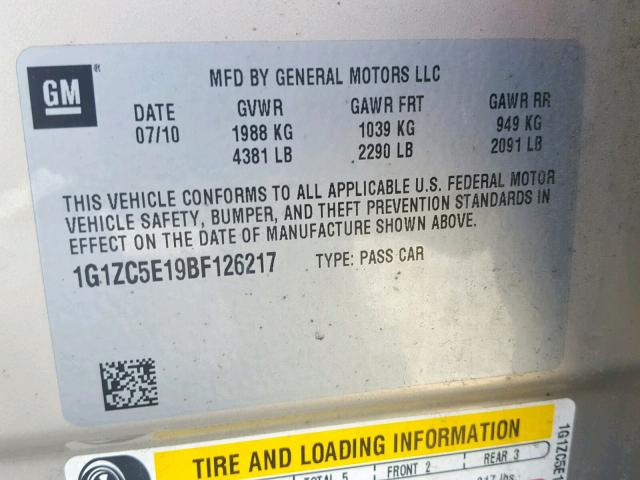 1G1ZC5E19BF126217 - 2011 CHEVROLET MALIBU 1LT BEIGE photo 10