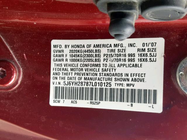 5J6YH28787L010125 - 2007 HONDA ELEMENT EX BURGUNDY photo 10