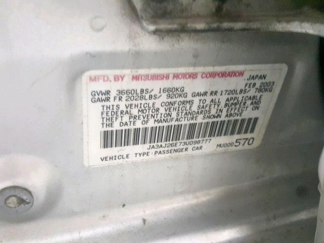 JA3AJ26E73U098777 - 2003 MITSUBISHI LANCER ES WHITE photo 10