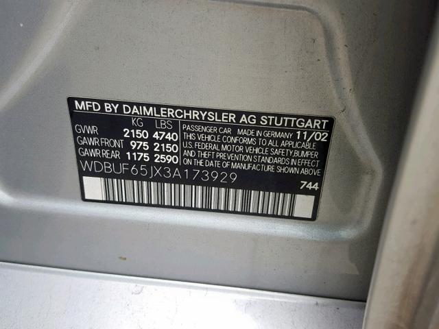 WDBUF65JX3A173929 - 2003 MERCEDES-BENZ E 320 SILVER photo 10