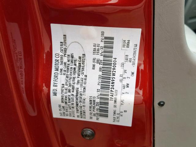 1FAFP34N95W290004 - 2005 FORD FOCUS ZX4 RED photo 10