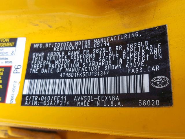 4T1BD1FK5EU134347 - 2014 TOYOTA CAMRY HYBR YELLOW photo 10