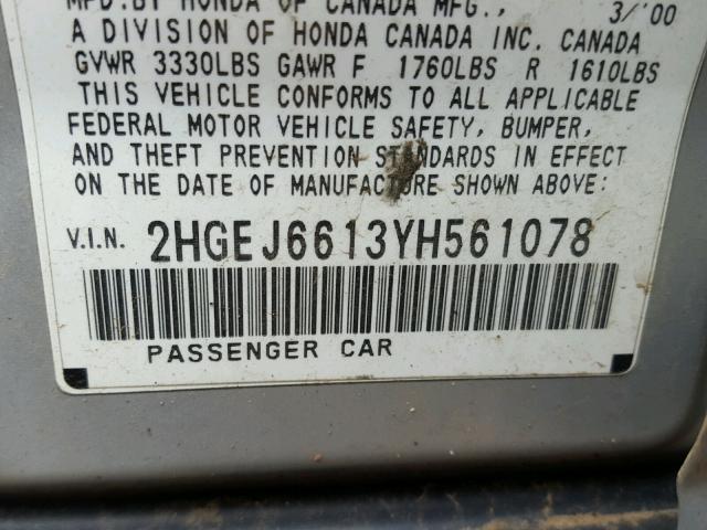 2HGEJ6613YH561078 - 2000 HONDA CIVIC BASE 银色 照片 10