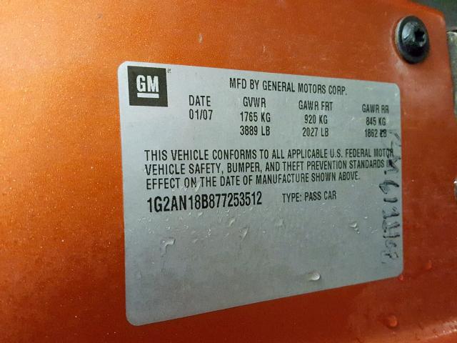 1G2AN18B877253512 - 2007 PONTIAC G5 GT ORANGE photo 10