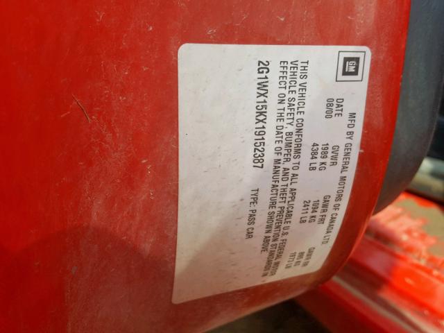 2G1WX15KX19152387 - 2001 CHEVROLET MONTE CARL 红色 照片 10