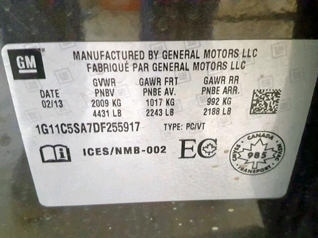 1G11C5SA7DF255917 - 2013 CHEVROLET MALIBU 1LT GRAY photo 10