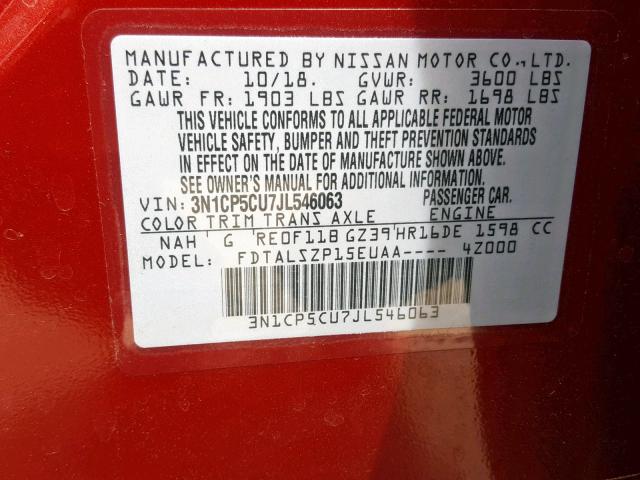 3N1CP5CU7JL546063 - 2018 NISSAN KICKS S RED photo 10