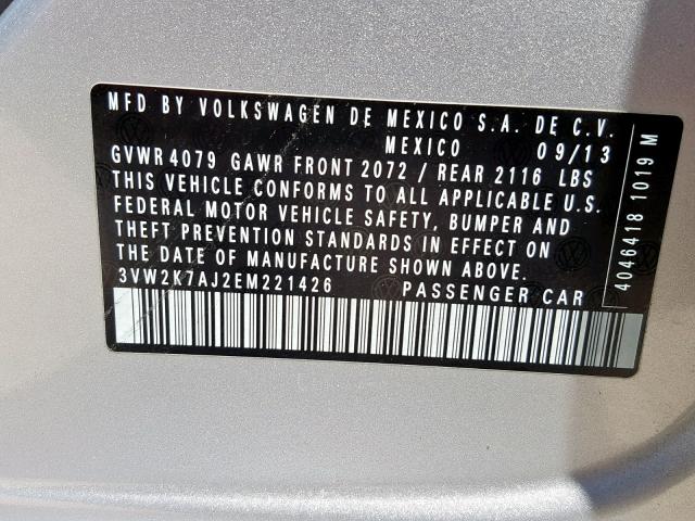 3VW2K7AJ2EM221426 - 2014 VOLKSWAGEN JETTA BASE SILVER photo 10