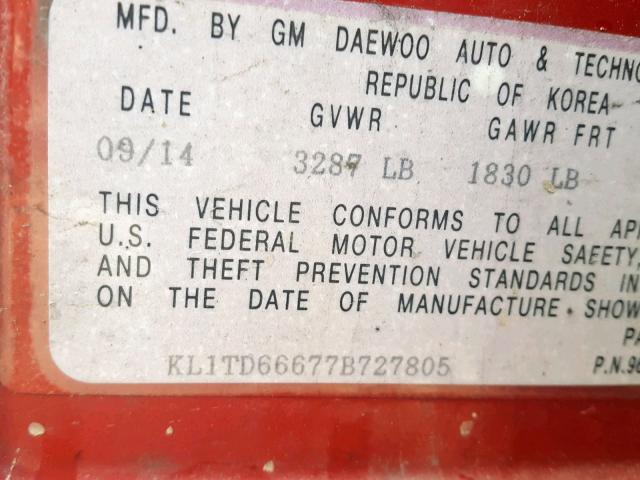 KL1TD66677B727805 - 2007 CHEVROLET AVEO BASE Qırmızı foto 10