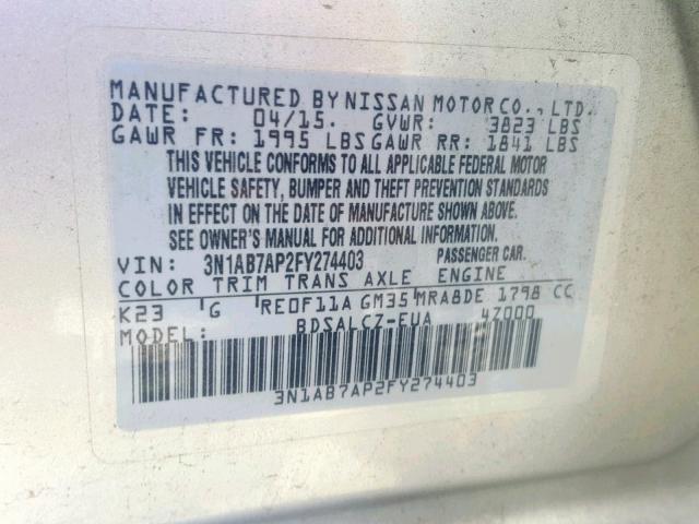 3N1AB7AP2FY274403 - 2015 NISSAN SENTRA S SILVER photo 10