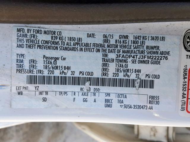 3FADP4TJ3FM222276 - 2015 FORD FIESTA S WHITE photo 10