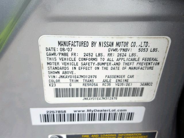 JNKAY01E47M312976 - 2007 INFINITI M35 BASE SILVER photo 10