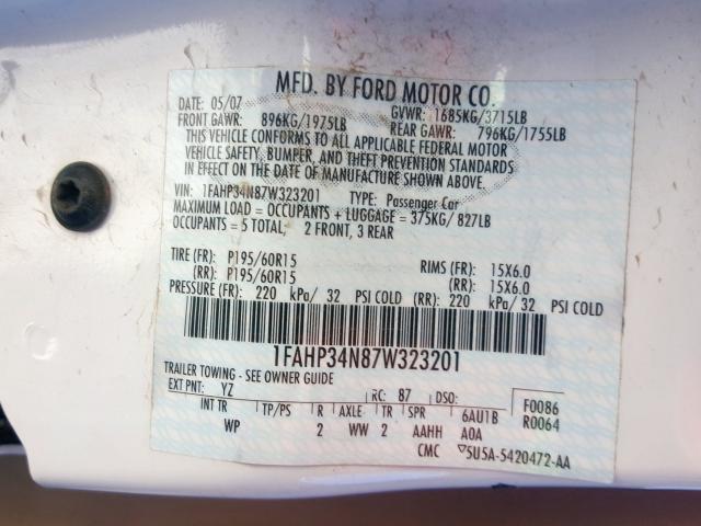 1FAHP34N87W323201 - 2007 FORD FOCUS ZX4  photo 10