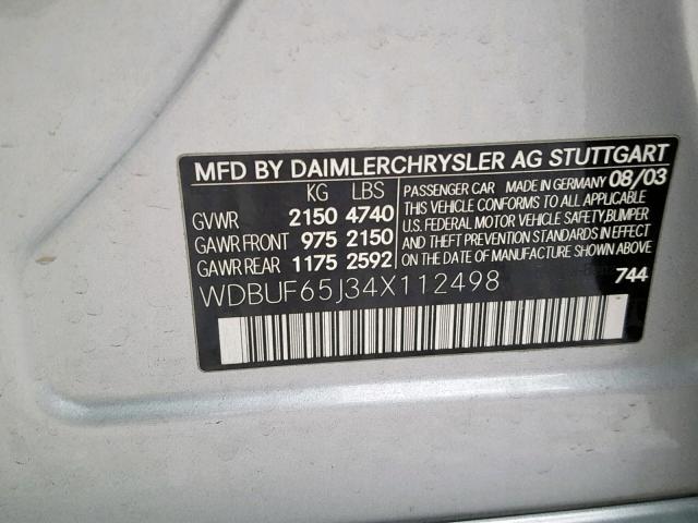 WDBUF65J34X112498 - 2004 MERCEDES-BENZ E 320 SILVER photo 10