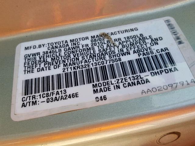 2T1KR32E13C077558 - 2003 TOYOTA MATRIX 银色 照片 10