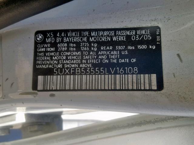 5UXFB53555LV16108 - 2005 BMW X5 4.4I WHITE photo 10
