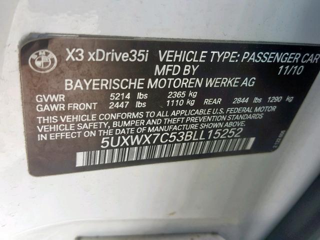 5UXWX7C53BLL15252 - 2011 BMW X3 XDRIVE3 WHITE photo 10