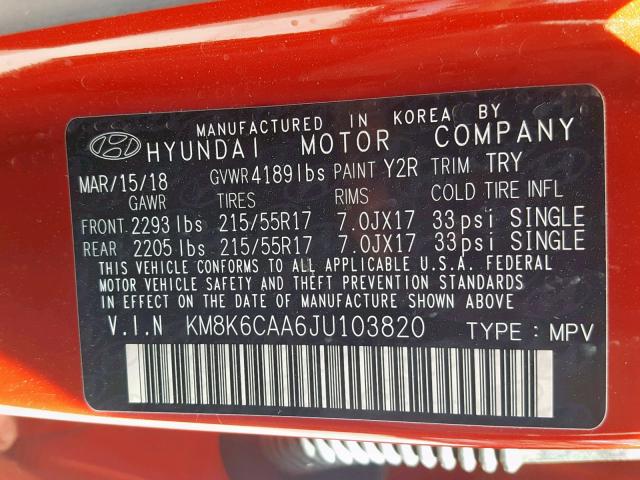 KM8K6CAA6JU103820 - 2018 HYUNDAI KONA SEL RED photo 10