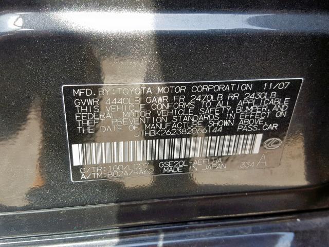 JTHBK262382066144 - 2008 LEXUS IS 250 CHARCOAL photo 10