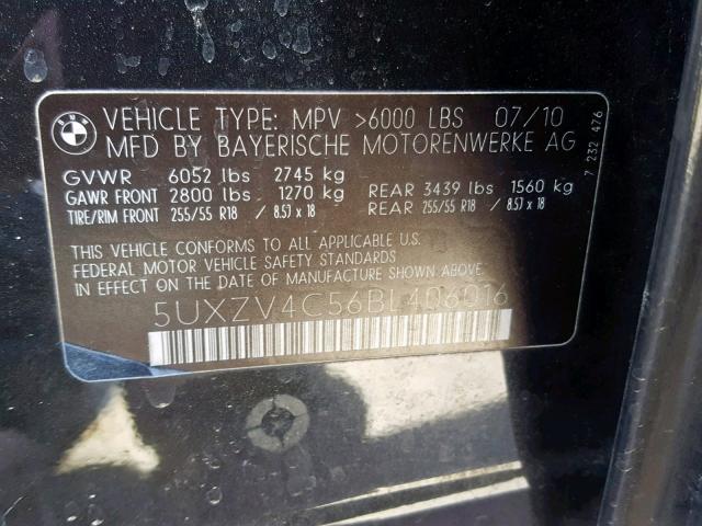 5UXZV4C56BL406016 - 2011 BMW X5 XDRIVE3 BLACK photo 10