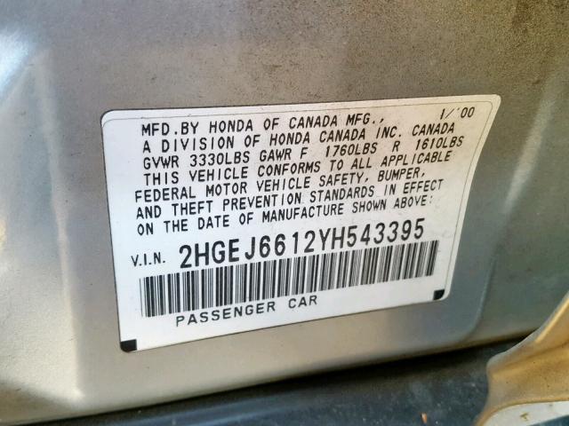 2HGEJ6612YH543395 - 2000 HONDA CIVIC BASE Gümüş foto 10