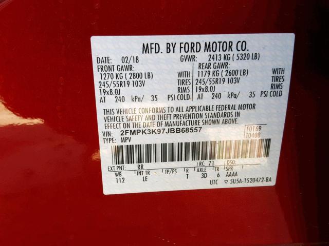 2FMPK3K97JBB68557 - 2018 FORD EDGE TITAN RED photo 10