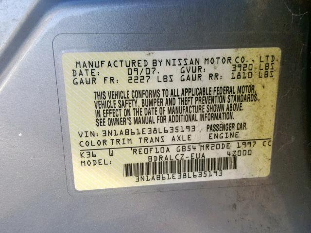 3N1AB61E38L635193 - 2008 NISSAN SENTRA 2.0 GRAY photo 10